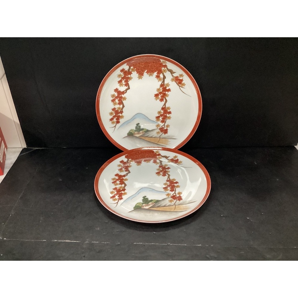 Arita China Art15 Rust Gold Leaves Branches-Trees/Hills-Dinner Plates Set of 2